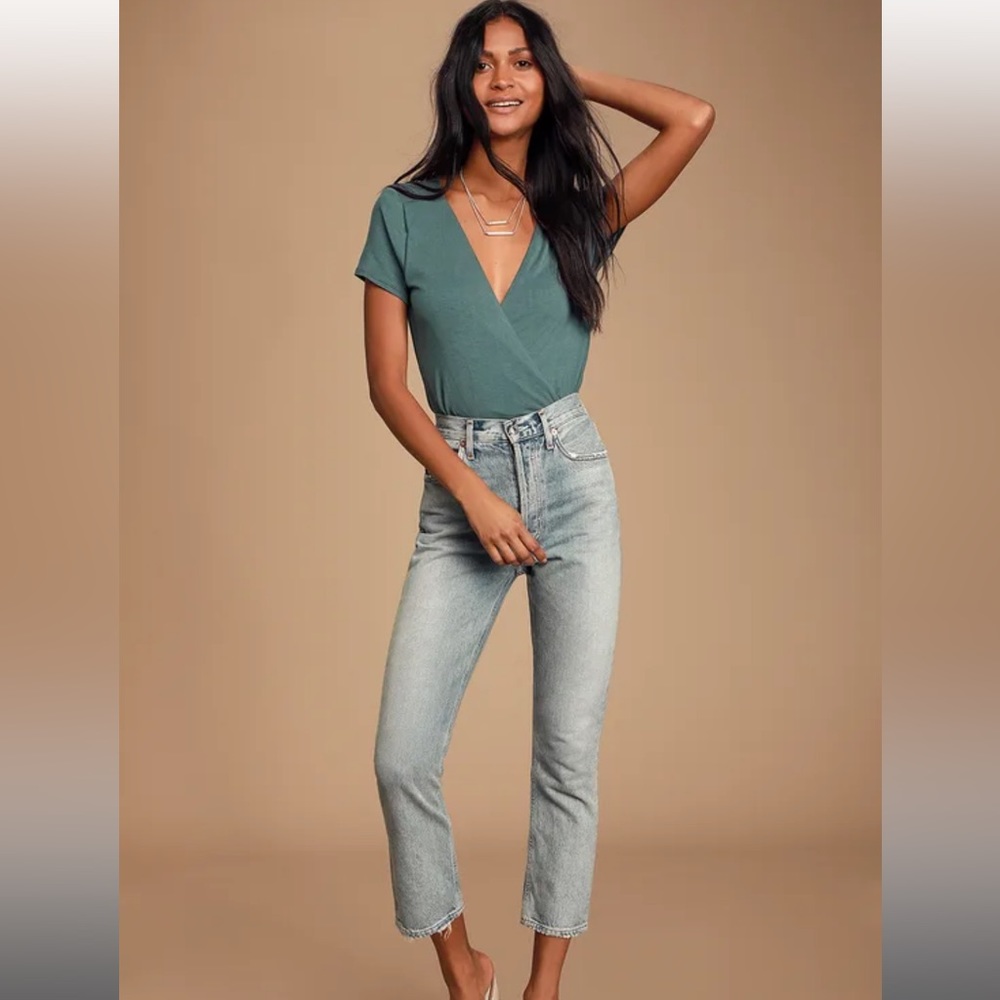 Marren Slate Blue Short Sleeve Surplice Bodysuit